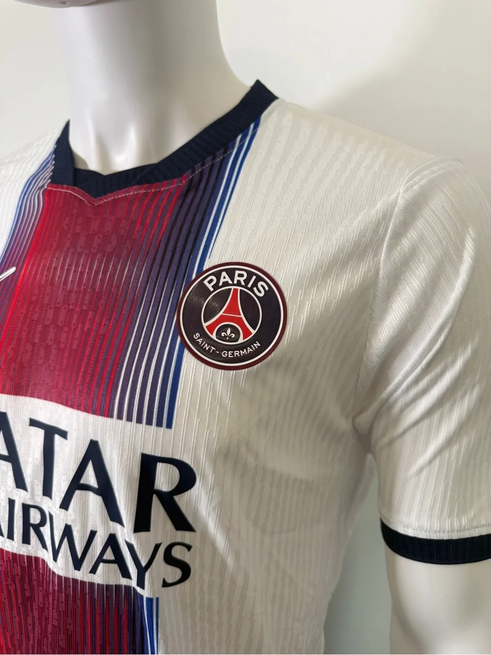 Nike PSG White Red and Blue Vertical Stripe Men's Football Jersey